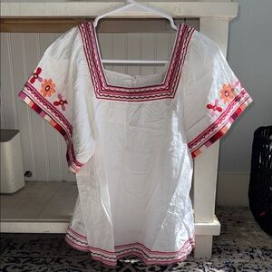 Madewell Embroidered White Blouse with Pink and Orange Accents